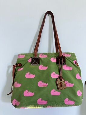 Dooney & Bourke Green Tote with Pink Duck Motif and Brown Leather Trim